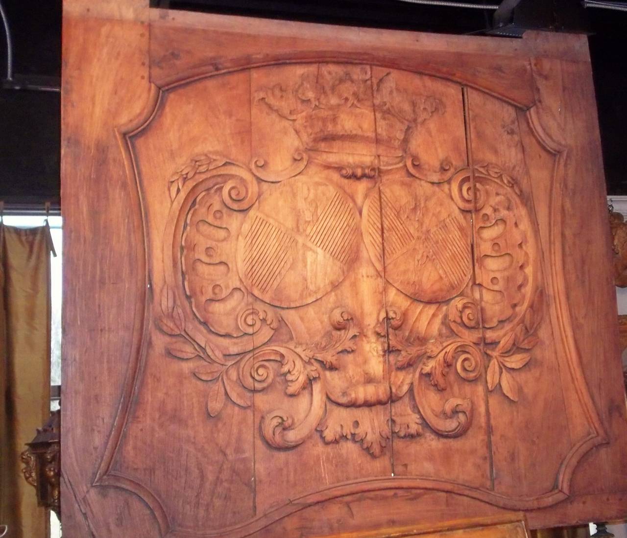 Carved And Faded French Walnut Boiserie Panel With Armorial Inset 1