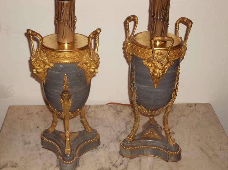 Louis XVI Pair Of Marble And Gilt Bronze Urns Or Cassolettes Now Lamps