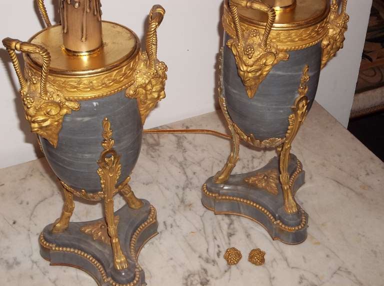 Pair Of Marble And Gilt Bronze Urns Or Cassolettes Now Lamps In Excellent Condition In Nashville, TN