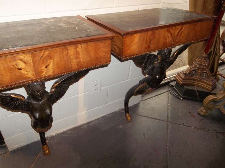 19th Century Pair  Of Italian Walnut and Gilt Neoclassical  Directoire Styled Consoles
