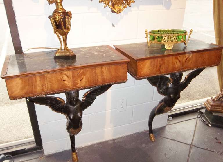 Pair  Of Italian Walnut and Gilt Neoclassical  Directoire Styled Consoles 5