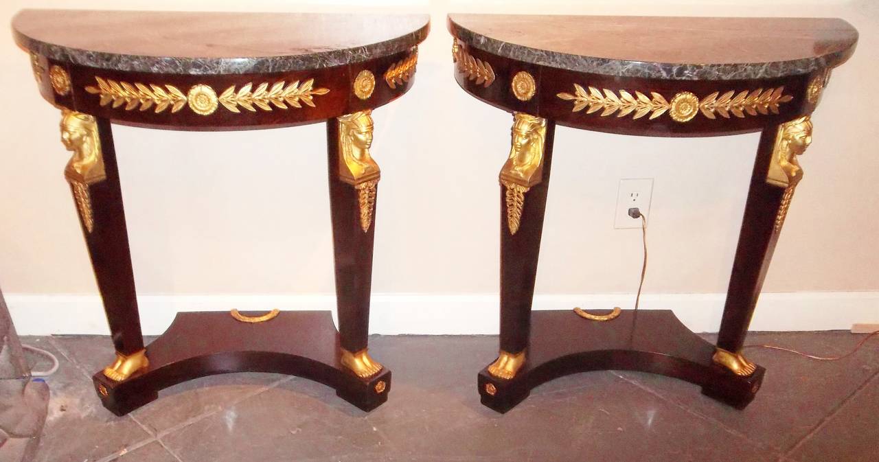 Early 20th Century Pair of French Empire Styled Ormolu Mounted Consoles