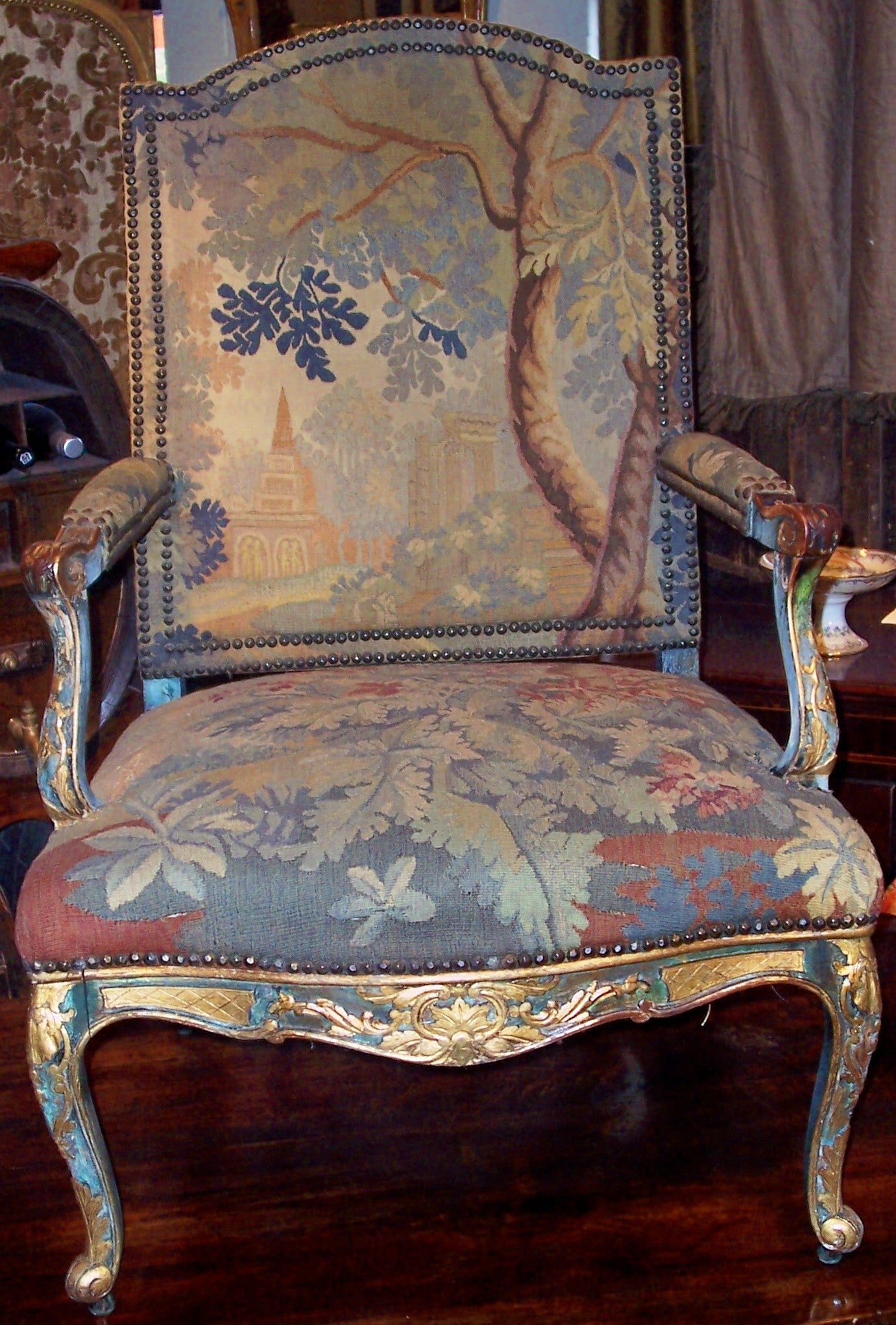 Regence Style Paint and Gilt Walnut Armchair w/ Tapestry Upholstrey