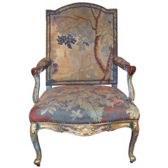 Regence Style Paint and Gilt Walnut Armchair w/ Tapestry Upholstrey