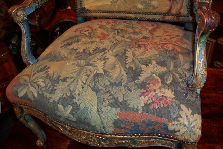 Wood Regence Style Paint and Gilt Walnut Armchair w/ Tapestry Upholstrey