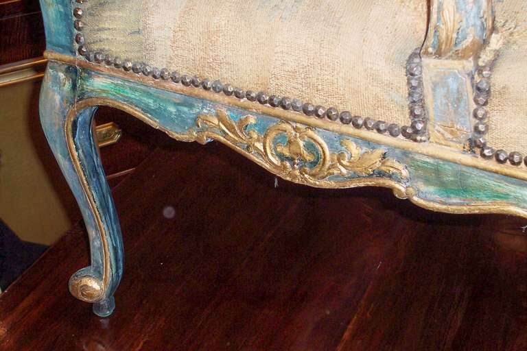Regence Style Paint and Gilt Walnut Armchair w/ Tapestry Upholstrey In Excellent Condition In Nashville, TN