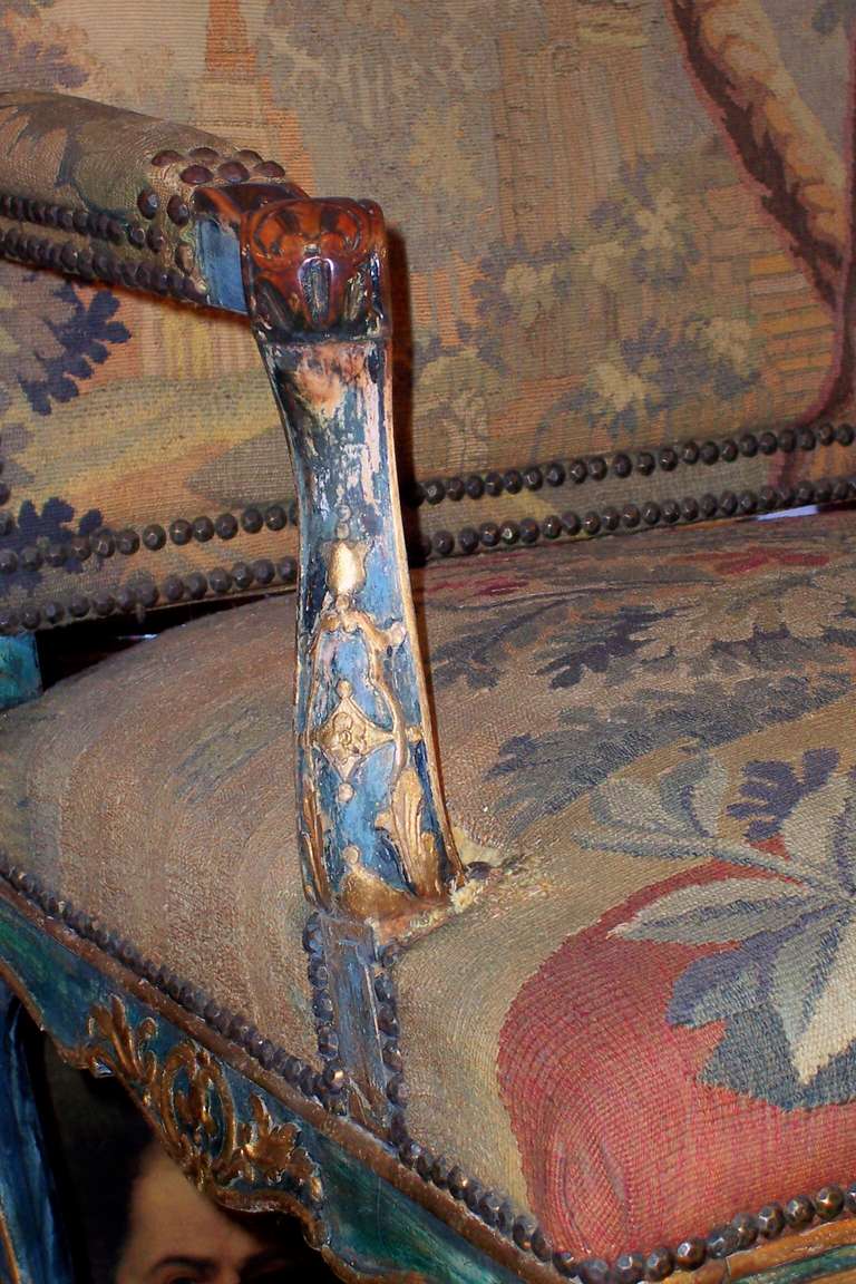 French Regence Style Paint and Gilt Walnut Armchair w/ Tapestry Upholstrey