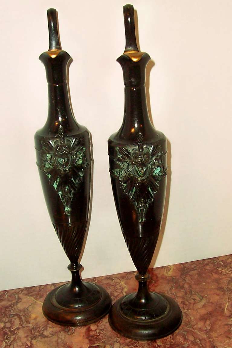 Pair Of Classical Styled Bronze Urns / Ewers With Sunburst