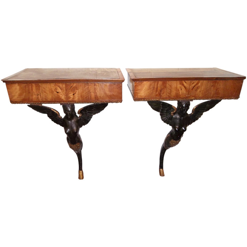Pair  Of Italian Walnut and Gilt Neoclassical  Directoire Styled Consoles