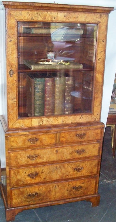 Metal George I Burr Walnut and Walnut Bureau Bookcase