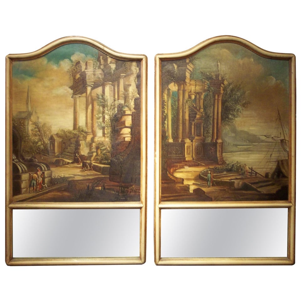 Pair French or Italian Trumeau Mirrors, Capriccio (Ruins) Inset