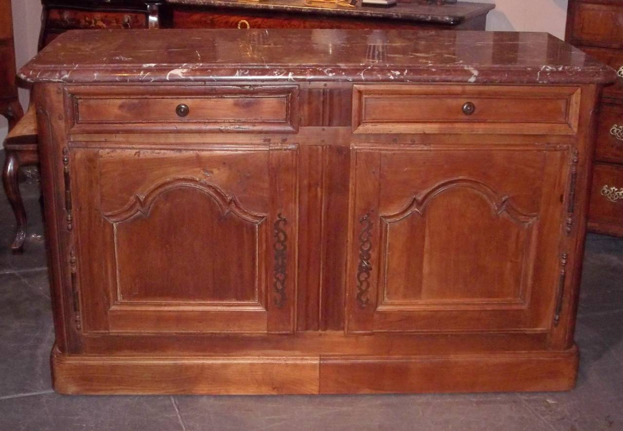 French Louis XV Provincial Walnut and Fruitwood Marble Top Sideboard or Buffet