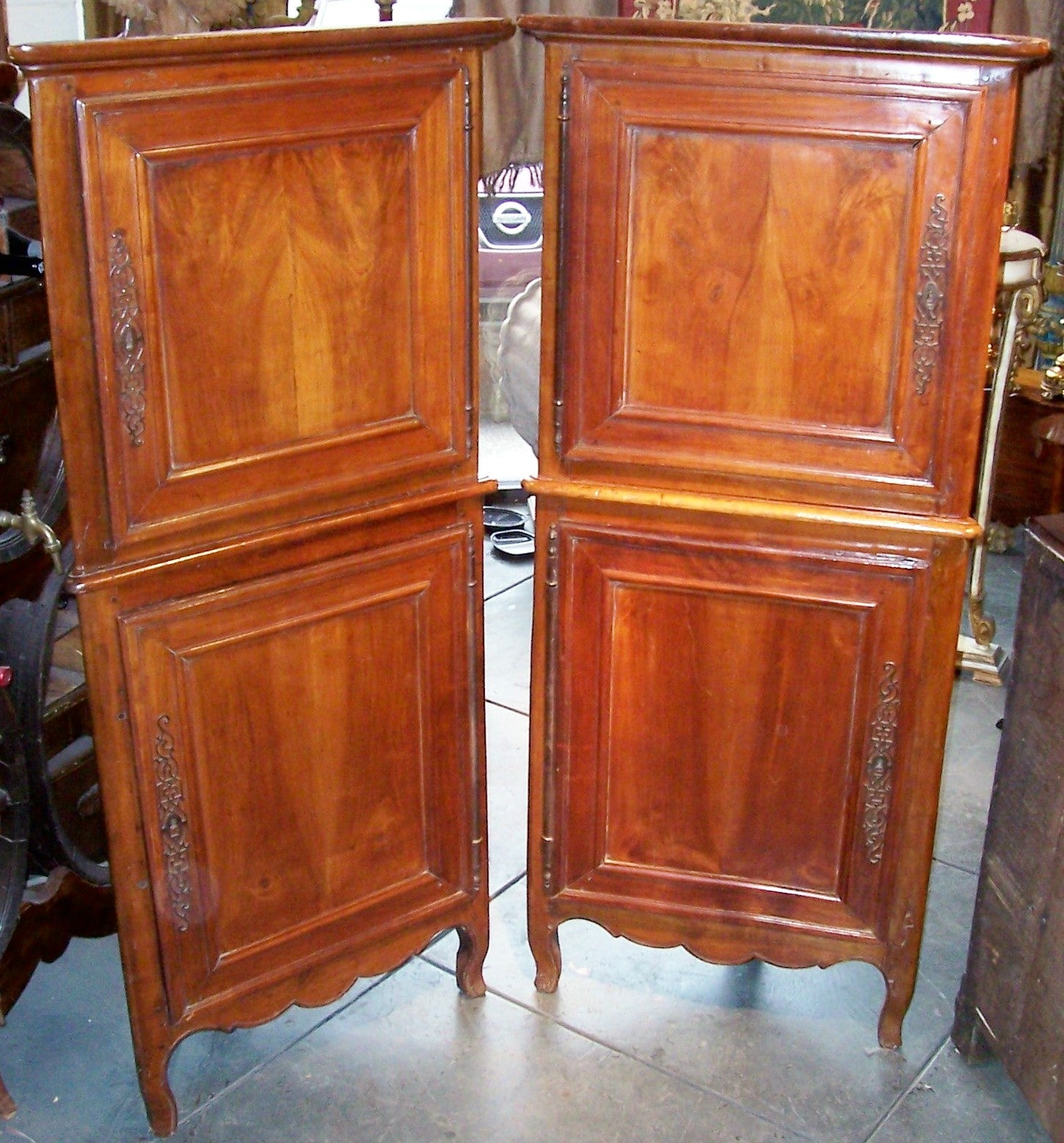 Pair of French Louis XV Provincial Walnut Petit Corner Cupboards or Cabinets