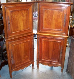 Antique Pair of French Louis XV Provincial Walnut Petit Corner Cupboards or Cabinets