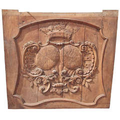 Carved And Faded French Walnut Boiserie Panel With Armorial Inset