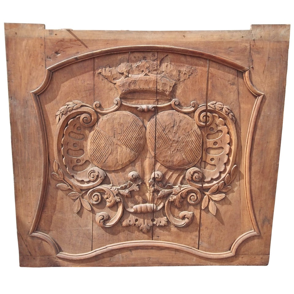 Carved And Faded French Walnut Boiserie Panel With Armorial Inset