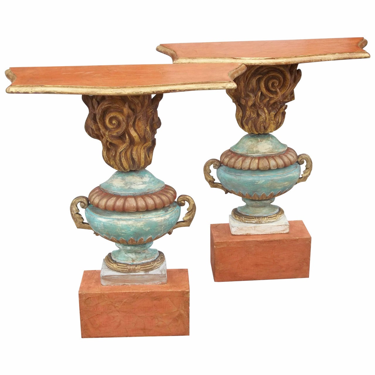 Pair of Italian Robin Egg Blue Painted Wooden Consoles