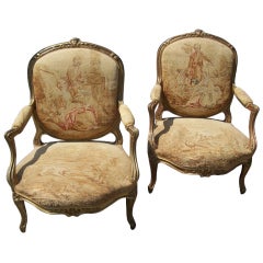 Pair of giltwood fauteuil, armchair w/ Aubusson style tapestry