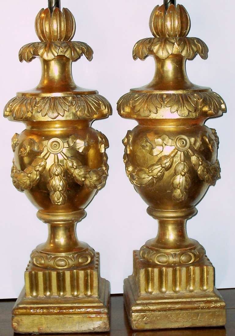 Italian Pair of Architectural Giltwood Urns or Fragments Mounted as Lamps