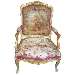 Used Highly decorative & commodious giltwood chair or fautueil with worn tapestry