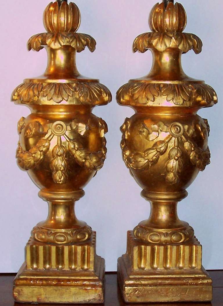 Pair of Architectural Giltwood Urns or Fragments Mounted as Lamps 5