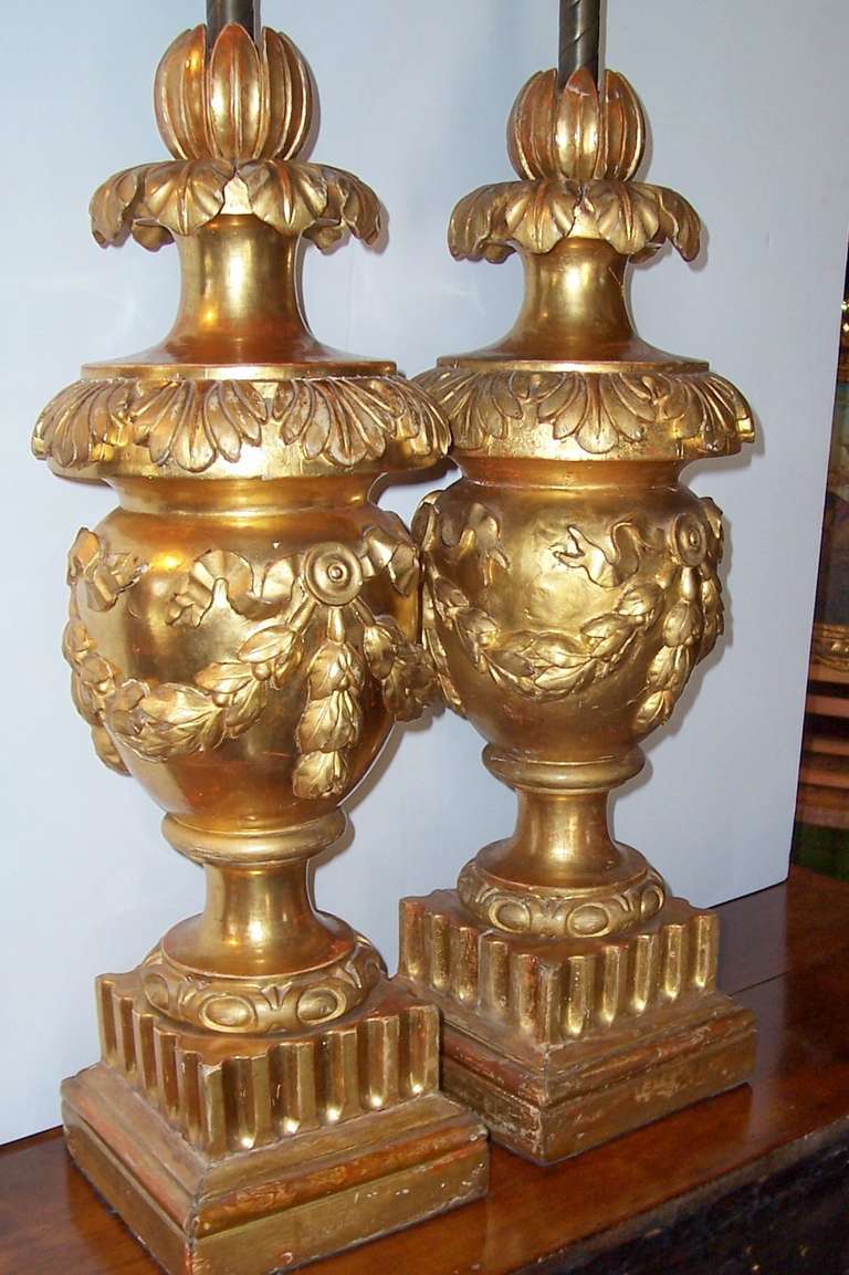 Pair of Architectural Giltwood Urns or Fragments Mounted as Lamps In Fair Condition In Nashville, TN