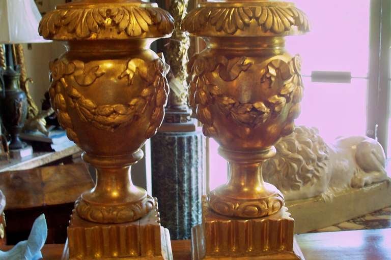 Pair of Architectural Giltwood Urns or Fragments Mounted as Lamps 3