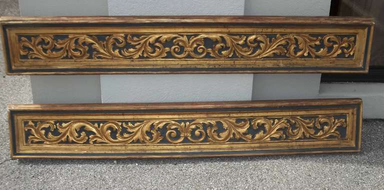 Italian Pair of Carved, Gilded and Painted Panels in Baroque Style