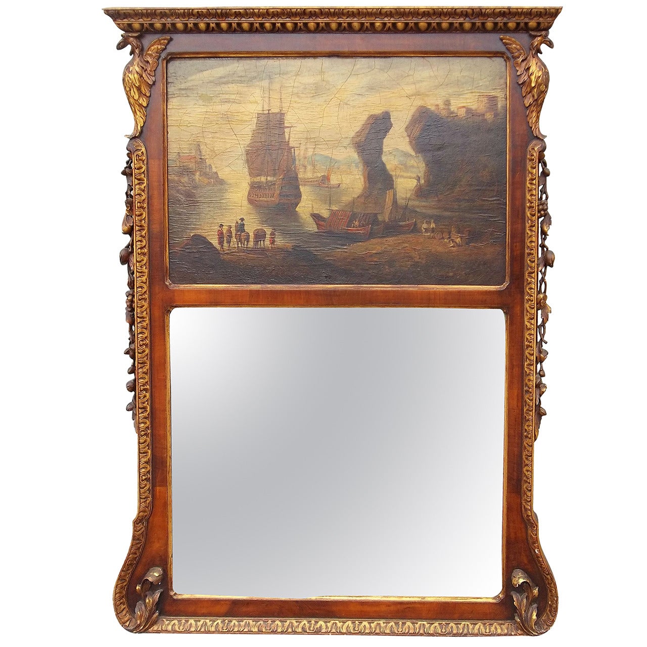 Georgian English Walnut Giltwood Trumeau Mirror with Seascape Oil