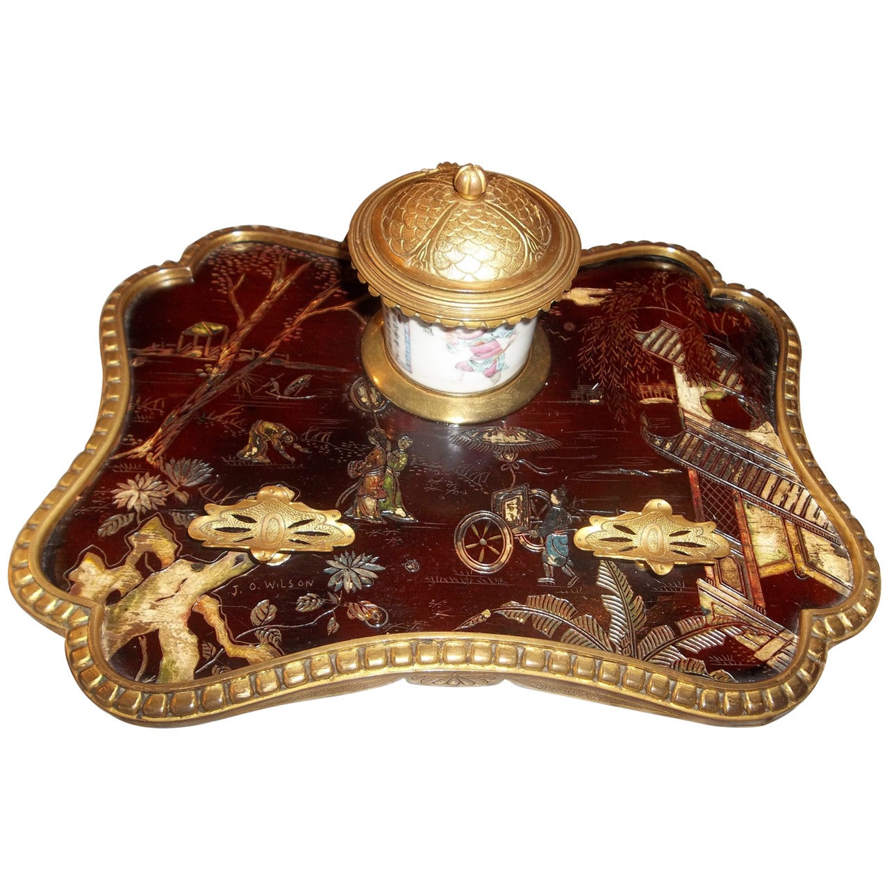 Japanned or Chinoiserie Decorated Louis XV Style Lacquer Inkwell