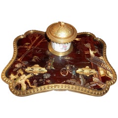 Antique Japanned or Chinoiserie Decorated Louis XV Style Lacquer Inkwell