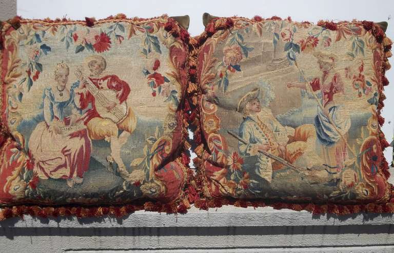 Pair of 18th Century Aubusson Coverings Now Faced on Pillows In Good Condition In Nashville, TN