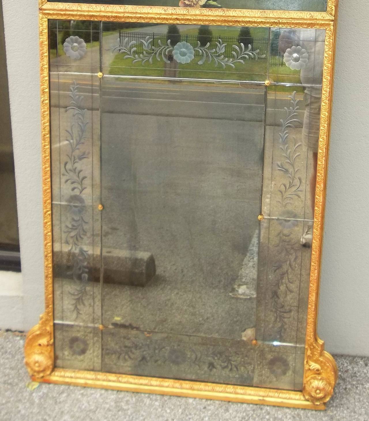 Early 20th Century Italian Trumeau Mirror with Venetian Etched Floral Plates and Floral Oil