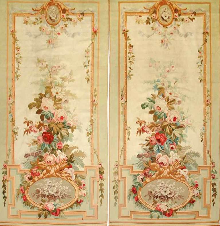 Pair of Aubusson Entre-Fenetres , Floral Ground against a creme and mint background  .
Soft pastel appeal....recently cleaned.
France, late 19th century