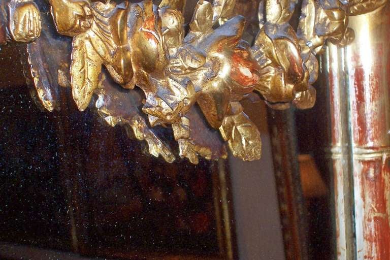 Giltwood Faux Bamboo Mirror with Cherubs or Putti Crest with Floral Garlands 3