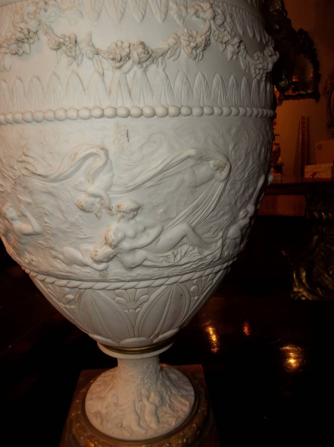20th Century Sevres Style Biscuit Urn on Black and Gold Marble Base
