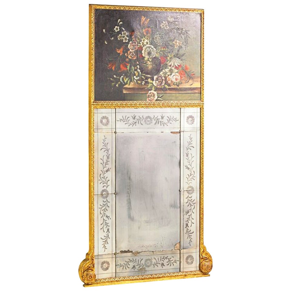 Italian Trumeau Mirror with Venetian Etched Floral Plates and Floral Oil