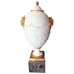 Sevres Style Biscuit Urn on Black and Gold Marble Base