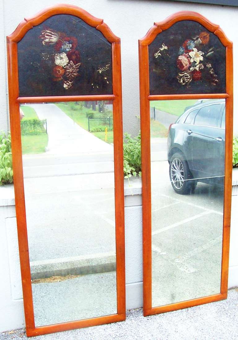 Pair of Cherry Wood Trumeaux with Floral Insets