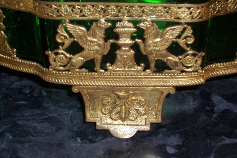 Large  Empire style green glass & gilt bronze ( ormolu ) mounted compote In Excellent Condition In Nashville, TN