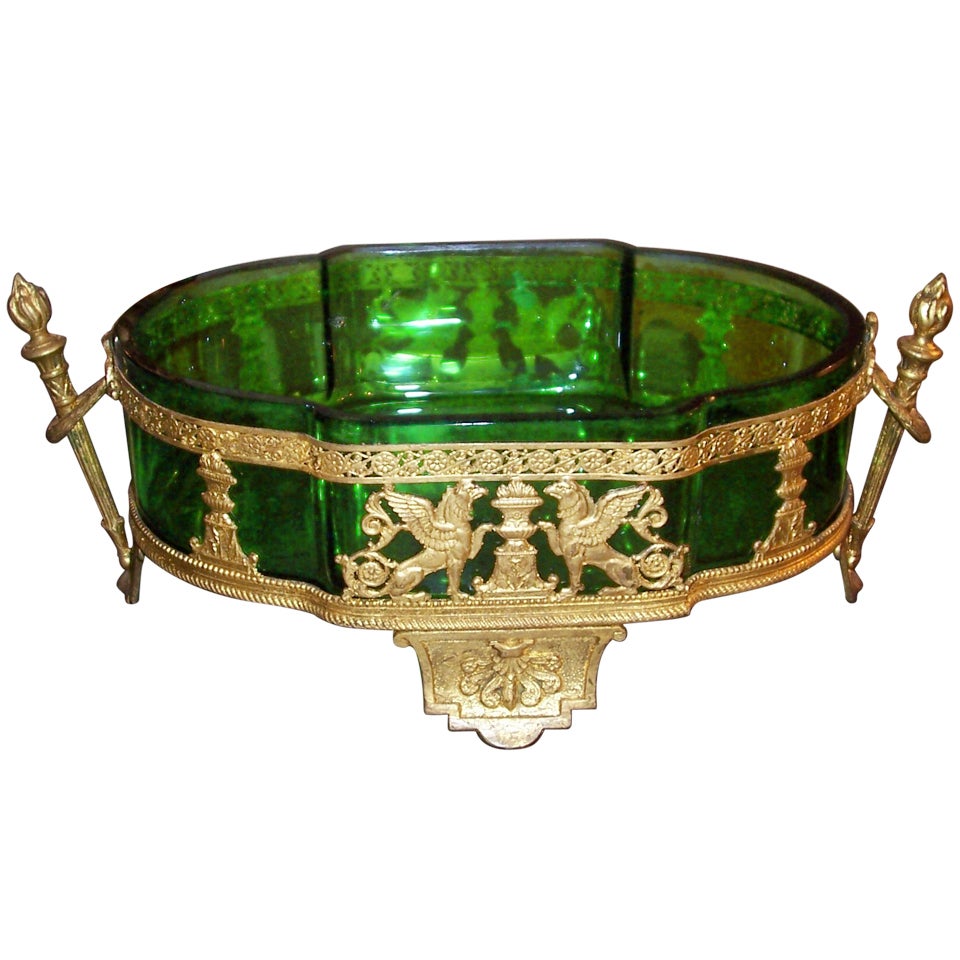 Large  Empire style green glass & gilt bronze ( ormolu ) mounted compote