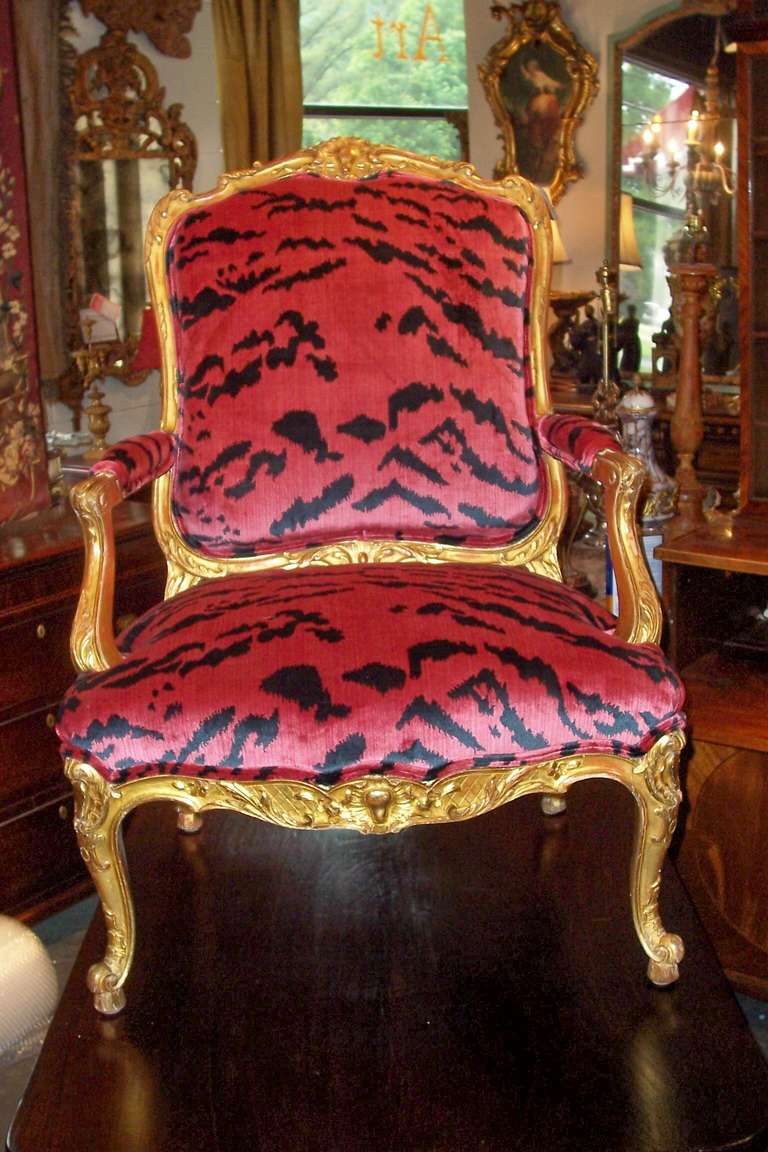 A rather commodious armchair in red and black Scalamandre' tigre' 
silk velvet . The well and crisply carved frame in original lemon gilt and with a very nice patina,  the Venetian red bole bleeding throughout . The late 19th century frame true to