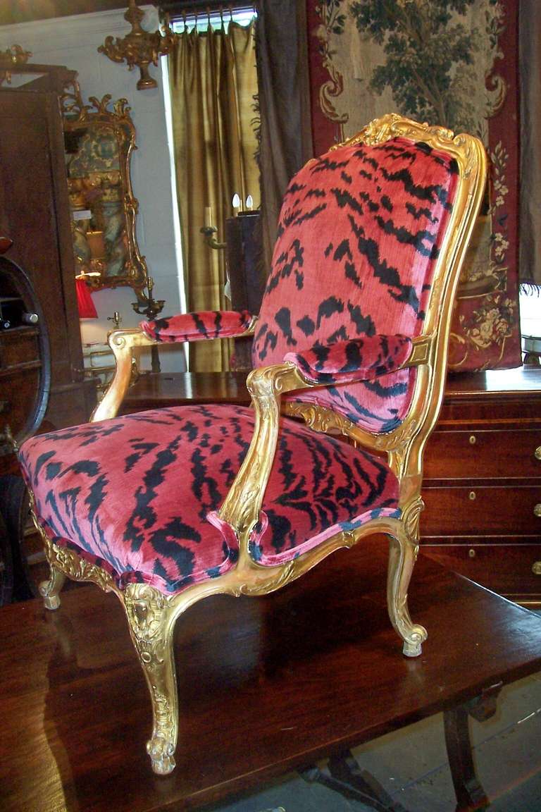 French Large Carved Louis Xv Style Giltwood Armchair , Original Gilt
