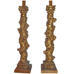 Pair of 17th century Baroque Giltwood Solomonic Columns Now Lamps