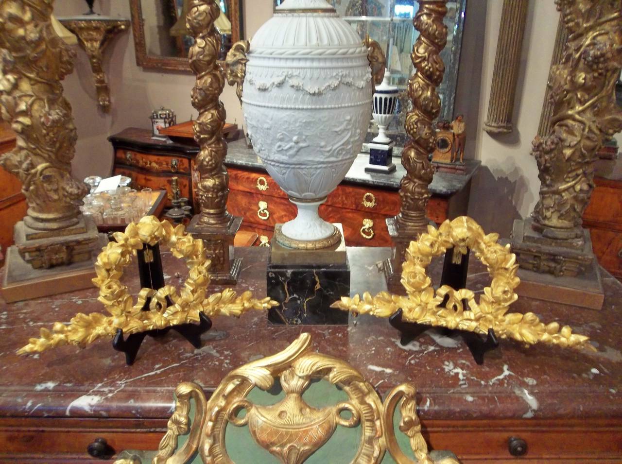 in lemon gilt with significant rubbing to the gilding (with a yellow bole instead of the usual red ). Probably from a set of mirrors or boiserie ( paneling ) . Carved in full relief . Rich look .Each uniquely carved. can be wall mounted or as we