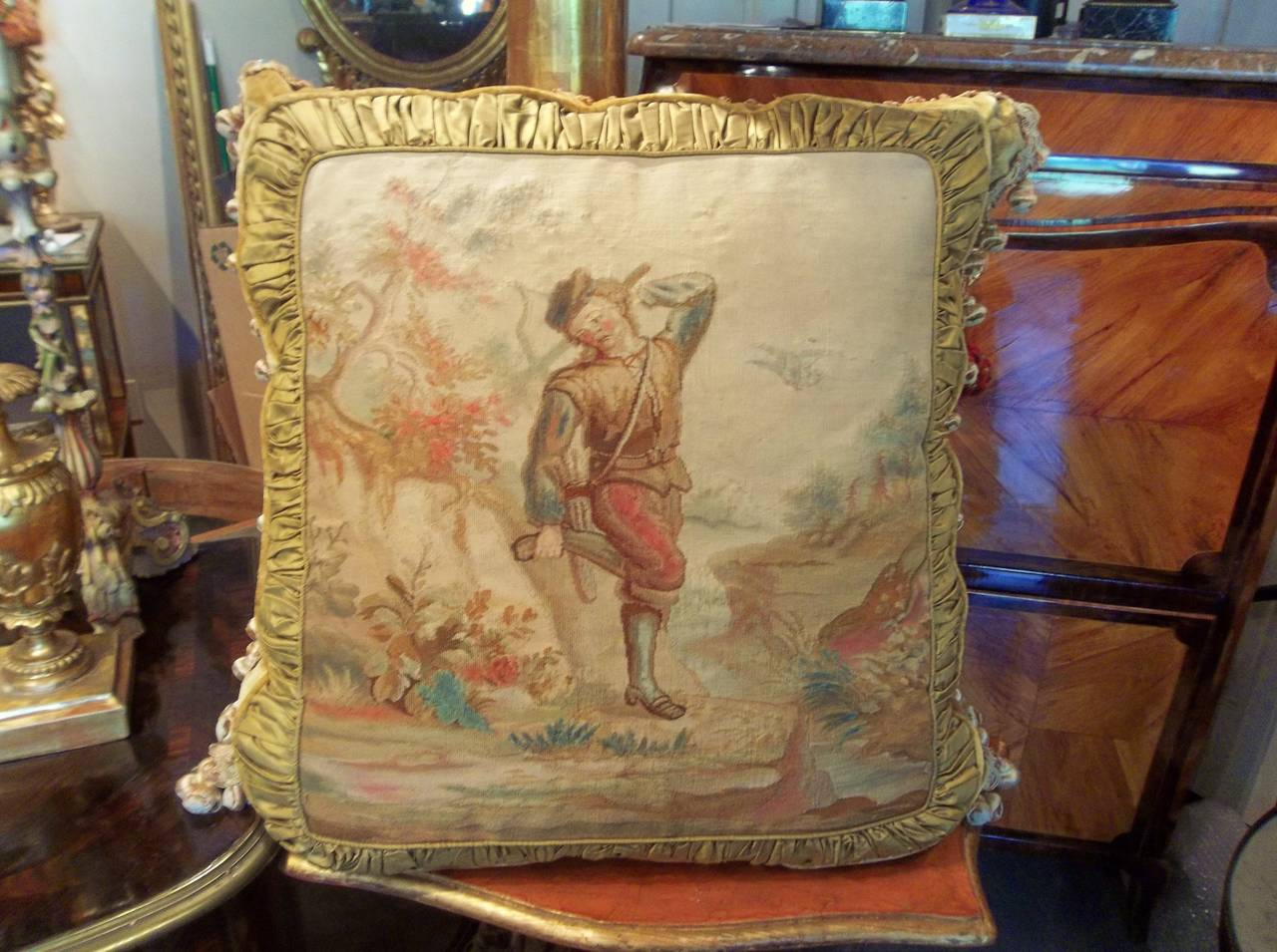French Pair of Oversized Aubusson Tapestry Panels Fitted as Pillows