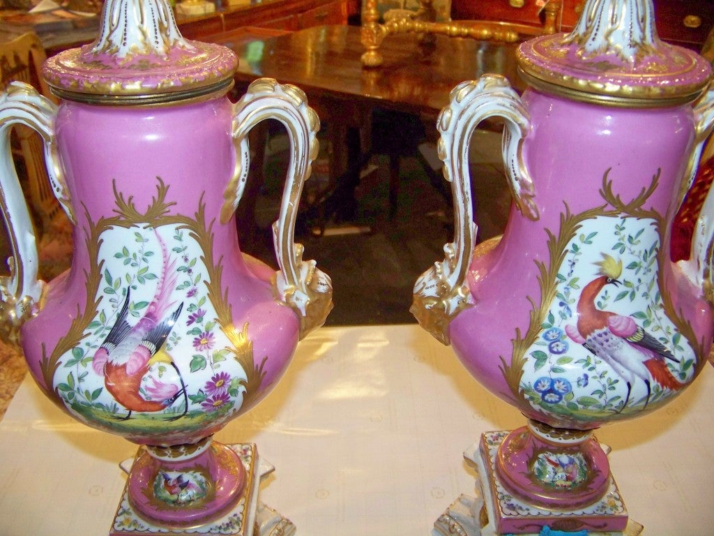 Porcelain Pair of Pompadour Pink Hard Paste English Urns