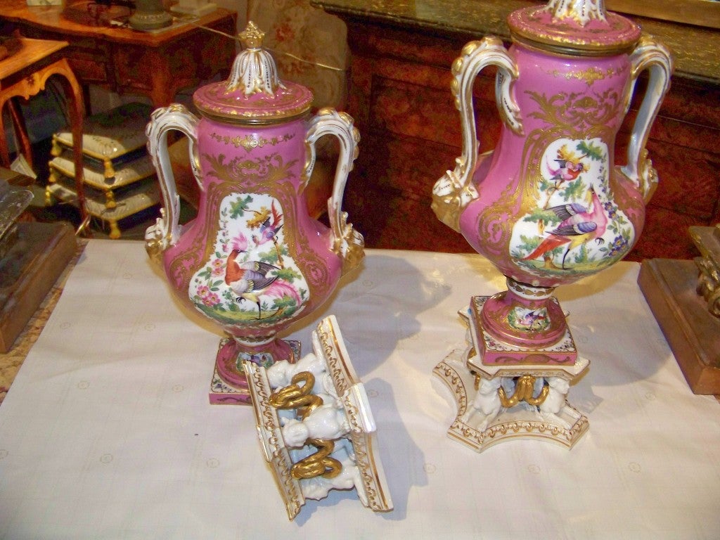 Pair of Pompadour Pink Hard Paste English Urns 1