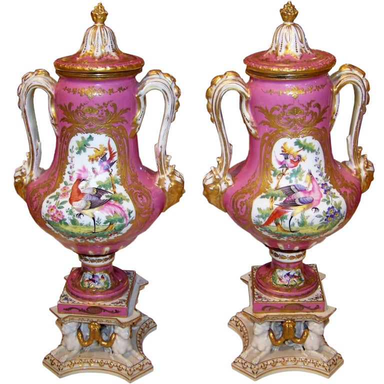 Pair of Pompadour Pink Hard Paste English Urns