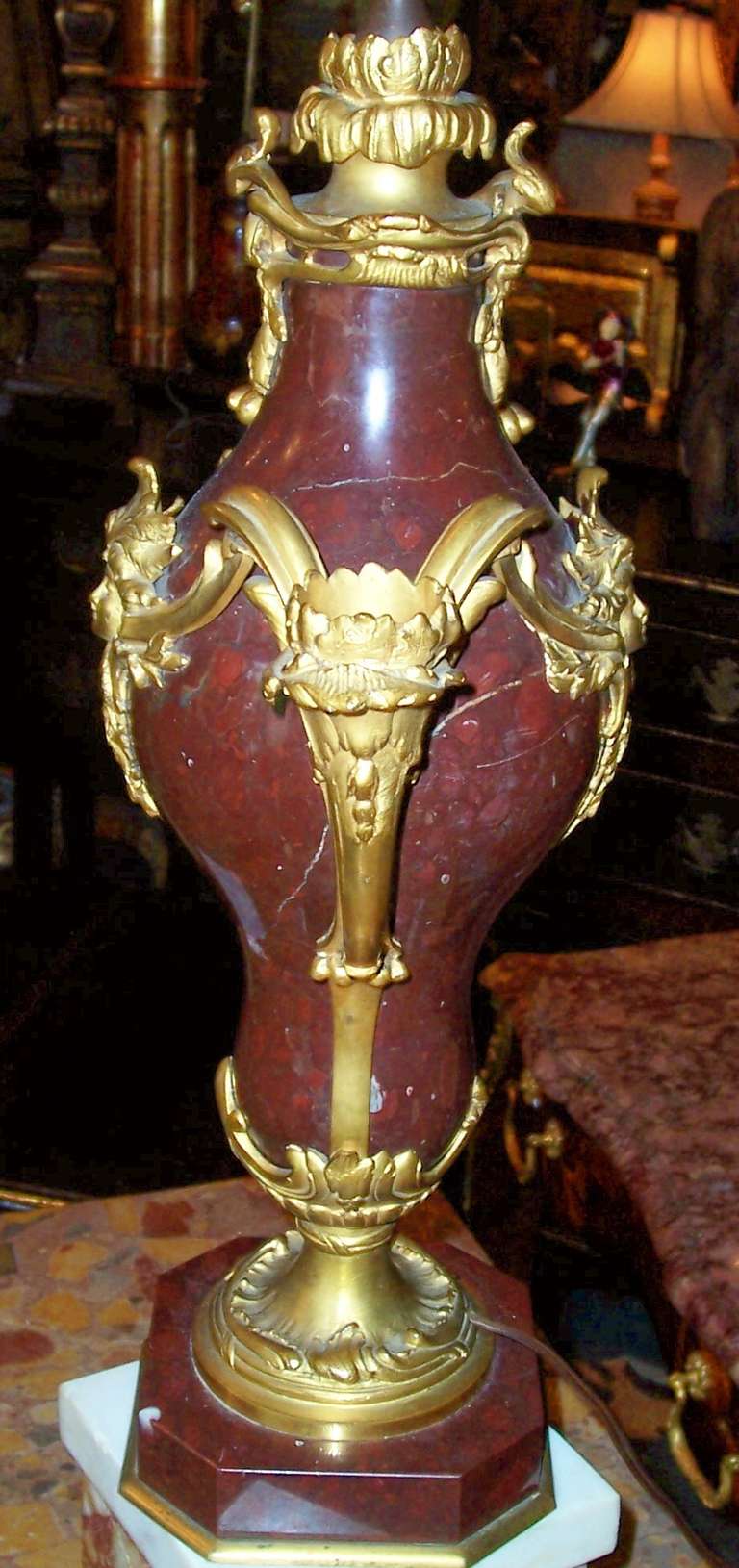 Louis XV Style Ox Blood Red Marble Candelabrum with Ormolu Fittings In Excellent Condition In Nashville, TN